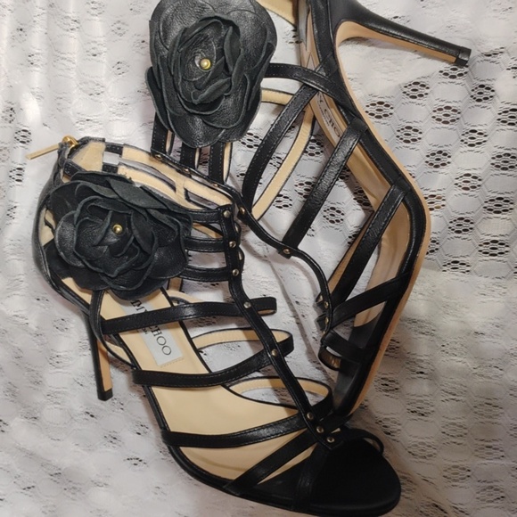 Authentic Jimmy Choo Black Leather Opaque Flower Cage Sandals - Picture 11 of 13